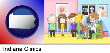a clinic, showing a doctor and four patients in Indiana, PA