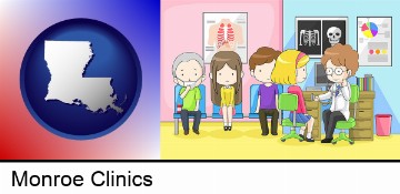 a clinic, showing a doctor and four patients in Monroe, LA