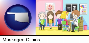 a clinic, showing a doctor and four patients in Muskogee, OK