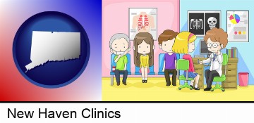 a clinic, showing a doctor and four patients in New Haven, CT