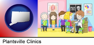 a clinic, showing a doctor and four patients in Plantsville, CT