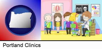 a clinic, showing a doctor and four patients in Portland, OR