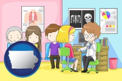 a clinic, showing a doctor and four patients - with IA icon