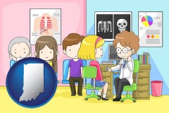 a clinic, showing a doctor and four patients - with IN icon