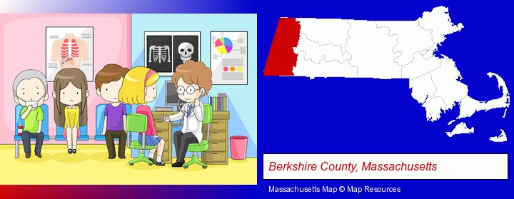 a clinic, showing a doctor and four patients; Berkshire County, Massachusetts highlighted in red on a map