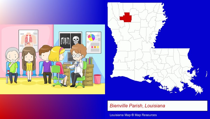 a clinic, showing a doctor and four patients; Bienville Parish, Louisiana highlighted in red on a map