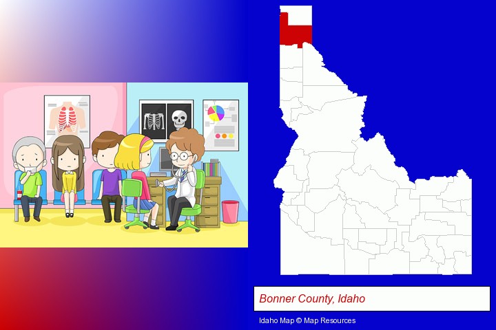 a clinic, showing a doctor and four patients; Bonner County, Idaho highlighted in red on a map