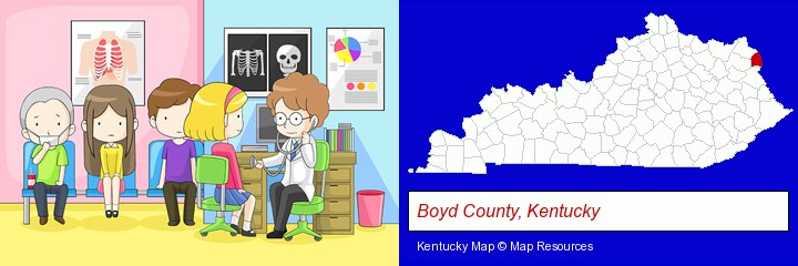 a clinic, showing a doctor and four patients; Boyd County, Kentucky highlighted in red on a map