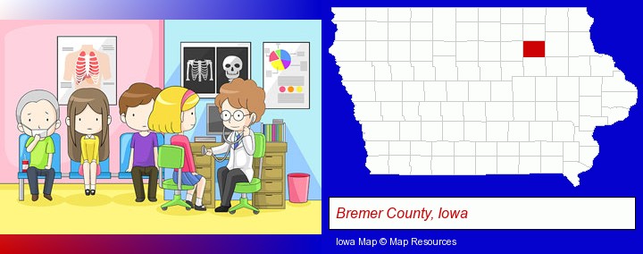 a clinic, showing a doctor and four patients; Bremer County, Iowa highlighted in red on a map