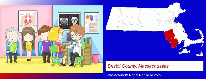 a clinic, showing a doctor and four patients; Bristol County, Massachusetts highlighted in red on a map