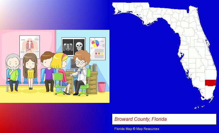 a clinic, showing a doctor and four patients; Broward County, Florida highlighted in red on a map