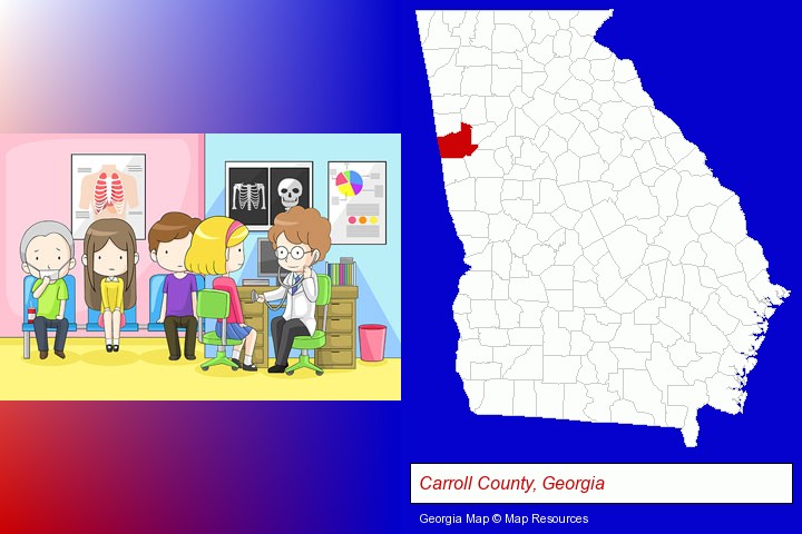 a clinic, showing a doctor and four patients; Carroll County, Georgia highlighted in red on a map