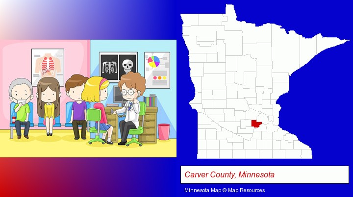 a clinic, showing a doctor and four patients; Carver County, Minnesota highlighted in red on a map