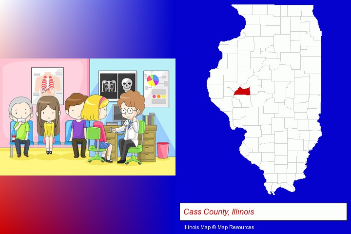 a clinic, showing a doctor and four patients; Cass County, Illinois highlighted in red on a map