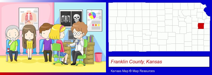 a clinic, showing a doctor and four patients; Franklin County, Kansas highlighted in red on a map