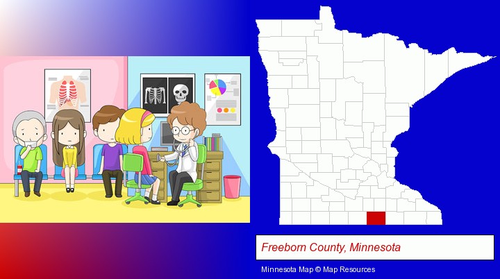 a clinic, showing a doctor and four patients; Freeborn County, Minnesota highlighted in red on a map