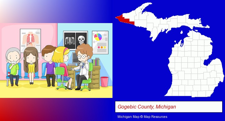 a clinic, showing a doctor and four patients; Gogebic County, Michigan highlighted in red on a map