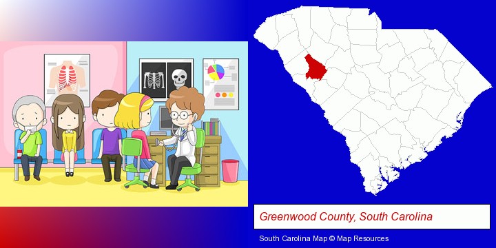 a clinic, showing a doctor and four patients; Greenwood County, South Carolina highlighted in red on a map