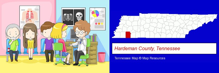 a clinic, showing a doctor and four patients; Hardeman County, Tennessee highlighted in red on a map