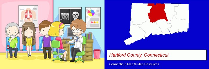 a clinic, showing a doctor and four patients; Hartford County, Connecticut highlighted in red on a map