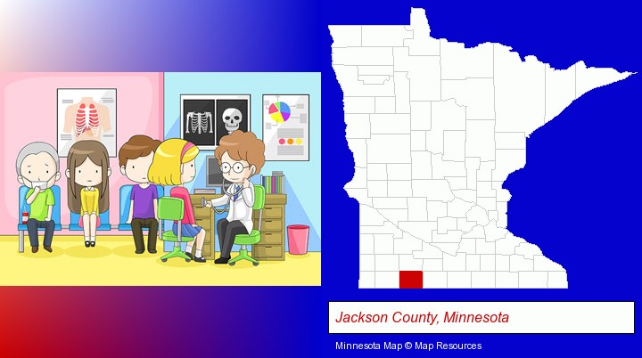 a clinic, showing a doctor and four patients; Jackson County, Minnesota highlighted in red on a map
