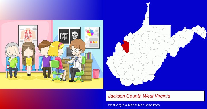 a clinic, showing a doctor and four patients; Jackson County, West Virginia highlighted in red on a map