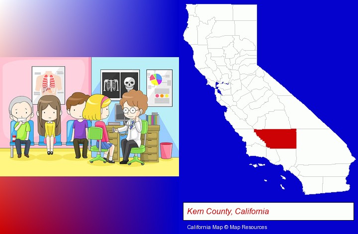 a clinic, showing a doctor and four patients; Kern County, California highlighted in red on a map