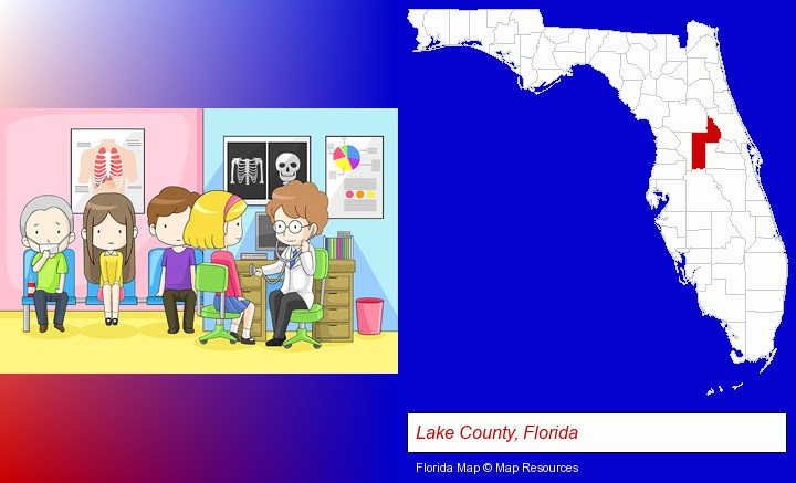 a clinic, showing a doctor and four patients; Lake County, Florida highlighted in red on a map