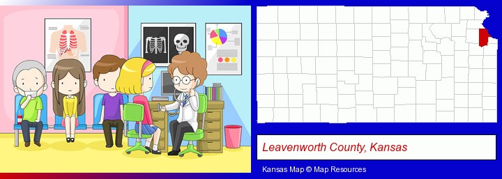 a clinic, showing a doctor and four patients; Leavenworth County, Kansas highlighted in red on a map