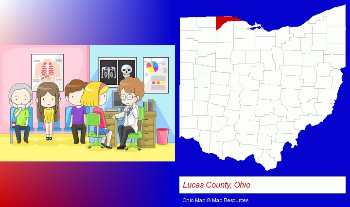 a clinic, showing a doctor and four patients; Lucas County, Ohio highlighted in red on a map