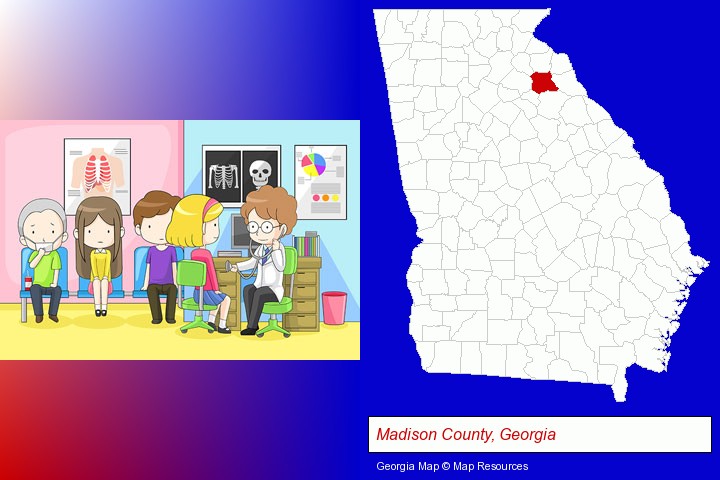 a clinic, showing a doctor and four patients; Madison County, Georgia highlighted in red on a map