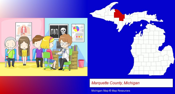 a clinic, showing a doctor and four patients; Marquette County, Michigan highlighted in red on a map