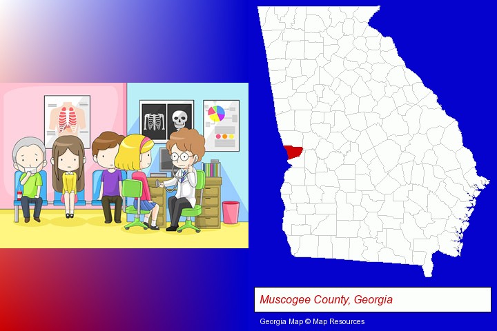 a clinic, showing a doctor and four patients; Muscogee County, Georgia highlighted in red on a map