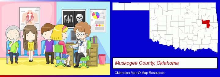 a clinic, showing a doctor and four patients; Muskogee County, Oklahoma highlighted in red on a map