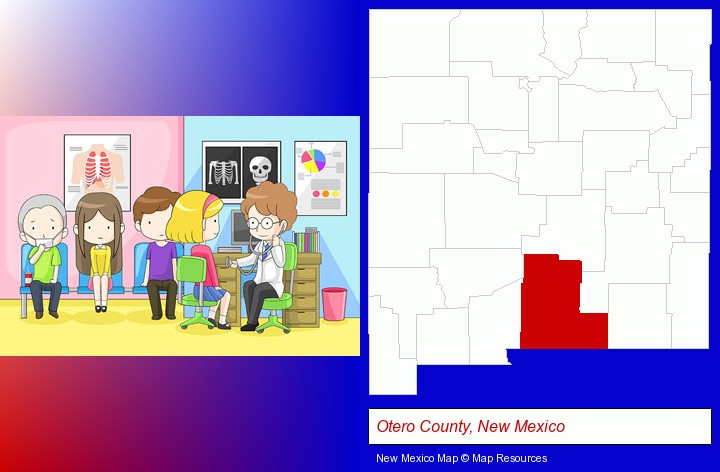 a clinic, showing a doctor and four patients; Otero County, New Mexico highlighted in red on a map