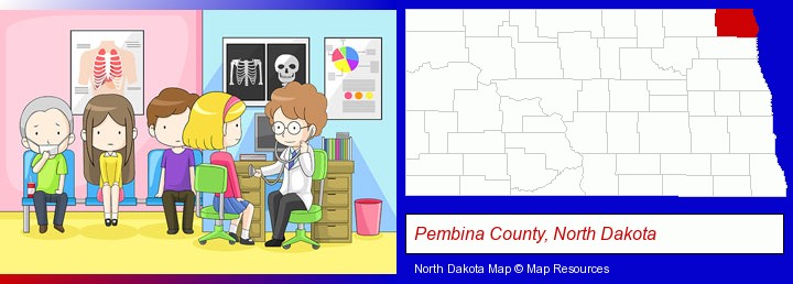 a clinic, showing a doctor and four patients; Pembina County, North Dakota highlighted in red on a map