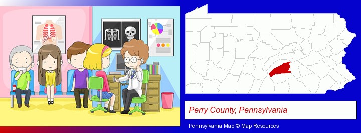 a clinic, showing a doctor and four patients; Perry County, Pennsylvania highlighted in red on a map