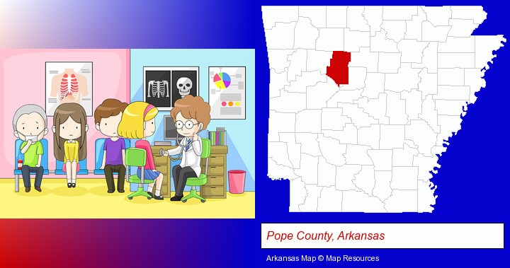 a clinic, showing a doctor and four patients; Pope County, Arkansas highlighted in red on a map
