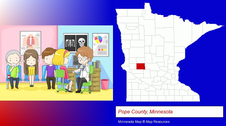 a clinic, showing a doctor and four patients; Pope County, Minnesota highlighted in red on a map