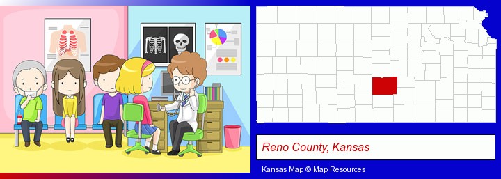 a clinic, showing a doctor and four patients; Reno County, Kansas highlighted in red on a map