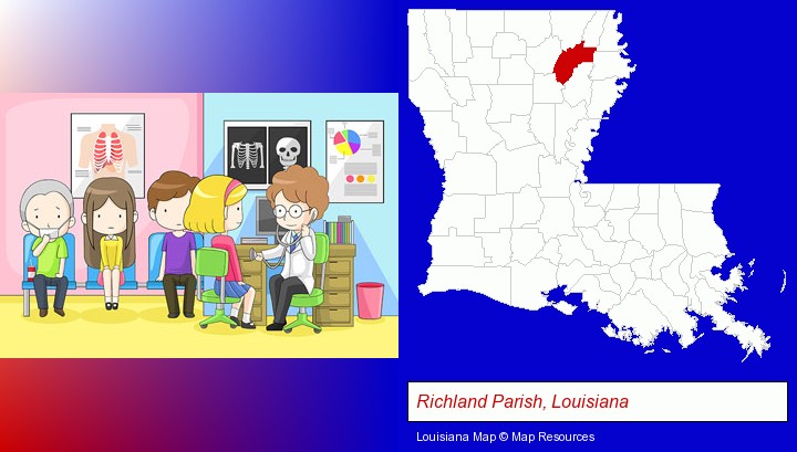 a clinic, showing a doctor and four patients; Richland Parish, Louisiana highlighted in red on a map