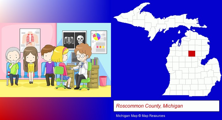 a clinic, showing a doctor and four patients; Roscommon County, Michigan highlighted in red on a map