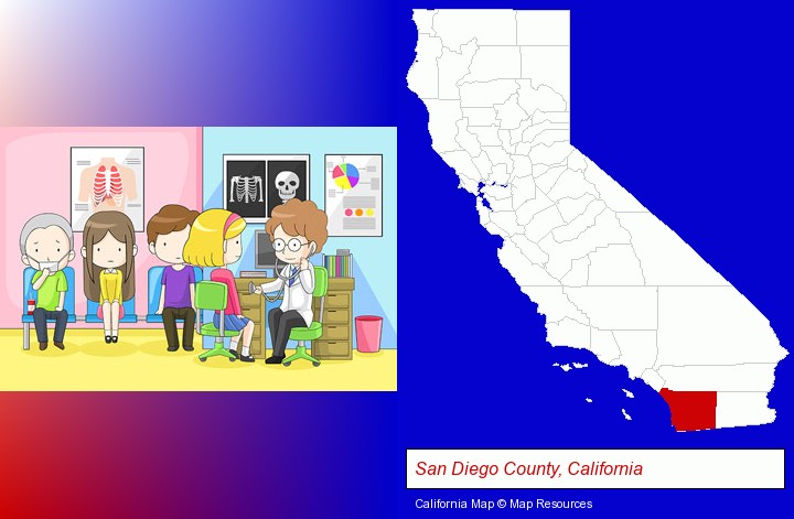 a clinic, showing a doctor and four patients; San Diego County, California highlighted in red on a map