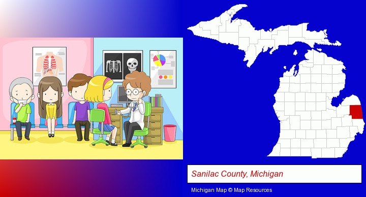 a clinic, showing a doctor and four patients; Sanilac County, Michigan highlighted in red on a map