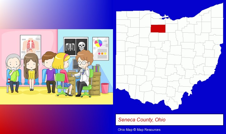 a clinic, showing a doctor and four patients; Seneca County, Ohio highlighted in red on a map