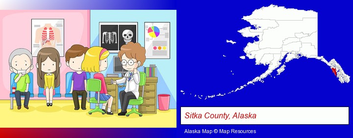 a clinic, showing a doctor and four patients; Sitka County, Alaska highlighted in red on a map