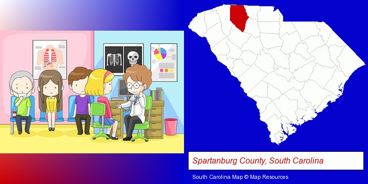 a clinic, showing a doctor and four patients; Spartanburg County, South Carolina highlighted in red on a map