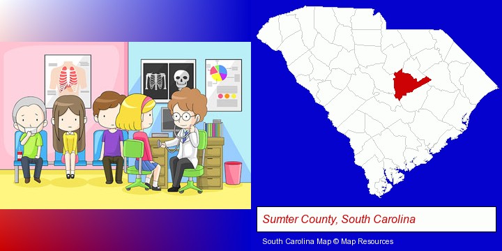 a clinic, showing a doctor and four patients; Sumter County, South Carolina highlighted in red on a map