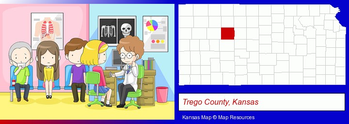 a clinic, showing a doctor and four patients; Trego County, Kansas highlighted in red on a map