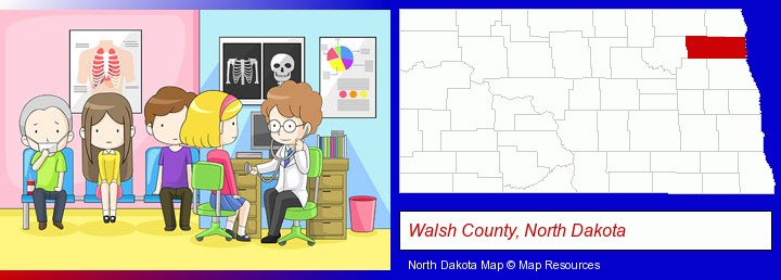 a clinic, showing a doctor and four patients; Walsh County, North Dakota highlighted in red on a map